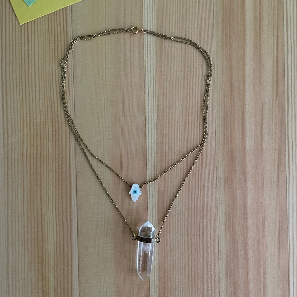 Golden Double Chain Crystal Necklace with Hamsa Hand Pendant
